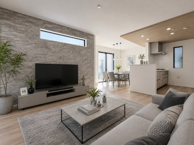 八潮市大字大瀬　新築戸建　全2棟　1号棟の居間・リビング|同施工会社の参考写真にCGによる画像処理を行っています。家具、小物、カーテン等はイメージはCGです。