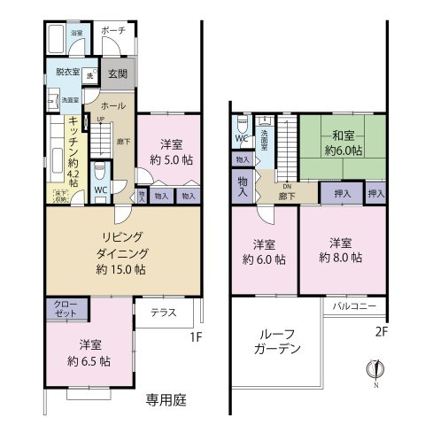 5LDK：専有面積122.30㎡、ルーフガーデン面積(バルコニー面積を含む)16.49㎡。