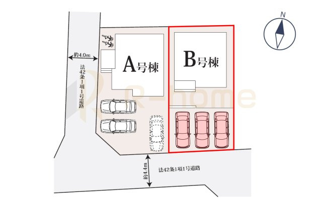 水戸市新原1丁目　新築戸建て　B号棟の区画図|大きなお買い物だからこそ、メリット・デメリットを伝えさせて頂きます。
R-homeにお任せください♪