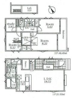 【間取り】 | 海老名市社家2丁目  1号棟 | 3LDK+ロフト　オール電化　引き違い窓シャッター付　二部屋から行き来できるバルコニー　食洗器・浄水器　浴室乾燥機+窓　カップボード　全居室収納（WIC1箇所）　パントリー　SC　LDK18.5帖