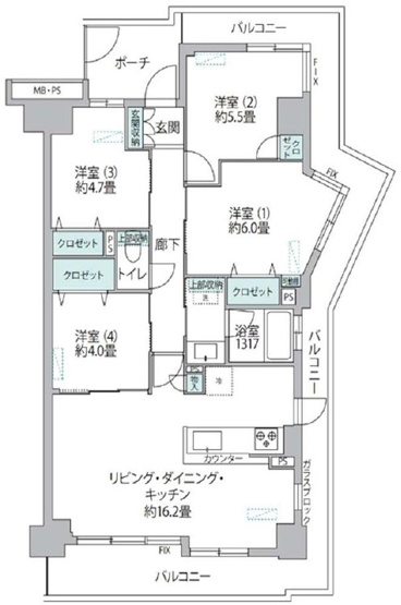 【間取り】 | グランドール北大阪 | 南向き・三方角部屋・引き回しバルコニー・室内リフォーム済