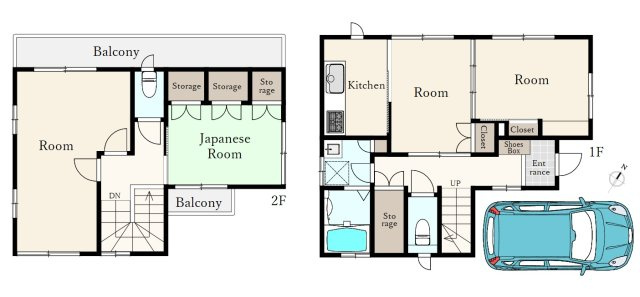 中野区東中野2丁目の間取り|土地面積79.41㎡　建物面積82.18㎡　2階建　4K　カースペース(車種制限あり)付
2階洋室は2ドアで2目に変更可能です
1階もスライドウォールを開放してお使いいただくと広々LDK