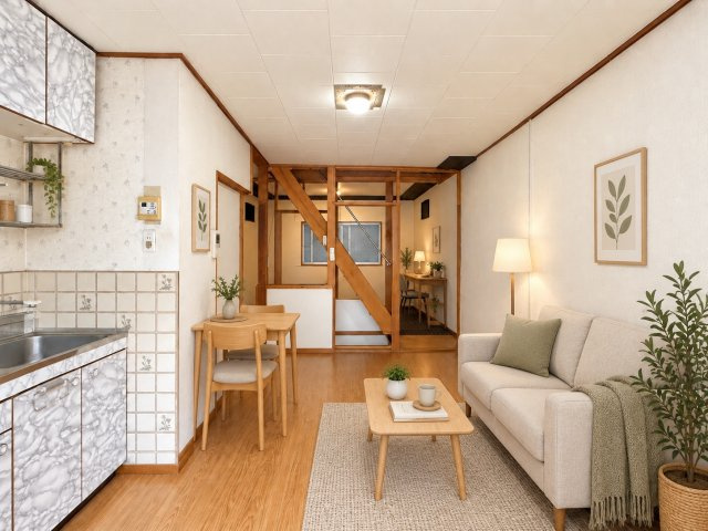東住吉区住道矢田８丁目の居間・リビング|木目調の床と階段まわりの造作が、あたたかみのある室内を演出しています♪※本画像はCGで作成しており、実際に現地に家具は置かれておりません。また価格に家具は含まれておりません。