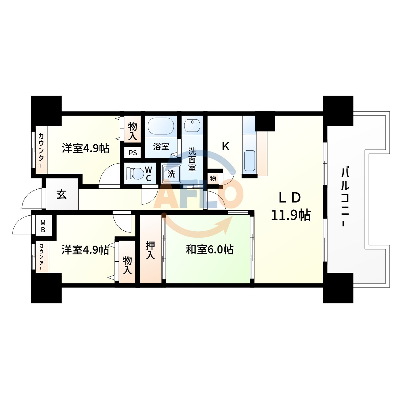 アメニティ江戸堀　西船場小学校区の間取り|アメニティ江戸堀 南東角部屋　間取り