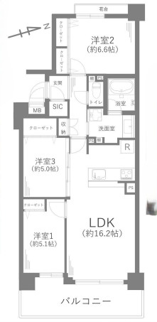 ザ・ピースプレイス横浜の間取り|広々としたリビングダイニング、明るい南用向きバルコニー、居室は全室5帖以上です。