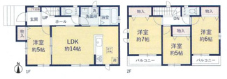 【間取り】 | 伊勢原市高森台3丁目 B号棟 | 4LDK　都市ガス　1階掃き出し窓シャッター付　南向きバルコニー2箇所　玄関ドアスマートキー　浴室乾燥機+窓　全居室數納　LDK14帖+洋室5帖　全室南面に窓有