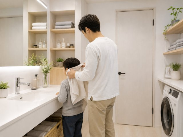 足立区中央本町4丁目条件無し売地の周辺|【生活イメージCG】ナチュラルな木目と白が調和した、家族の笑顔が映えるぬくもり溢れる洗面空間。