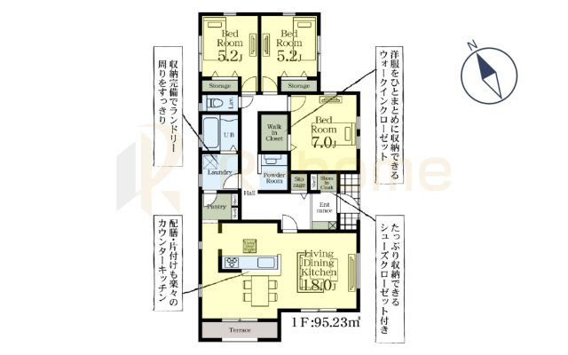 古河市上辺見第11　新築戸建て　2号棟の間取り|3LDK＋パントリー＋WIC＋SIC、土地面積220.04ｍ2、建物面積95.23m2