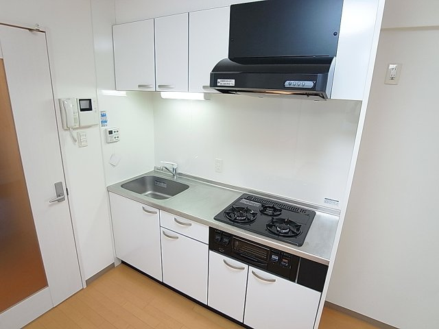 アネシスコート門口のキッチン|システム3口ガスキッチン導入