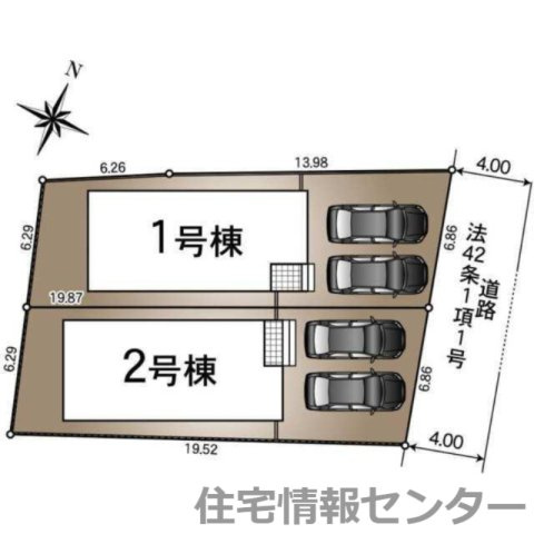 クレイドルガーデン下松市桜町　第1の区画図|各棟に車2台分の駐車スペースを確保した全2棟の敷地配置です。2号棟は128.34㎡の敷地面積があり、前面道路も整っておりお車の出し入れもスムーズに行えます。