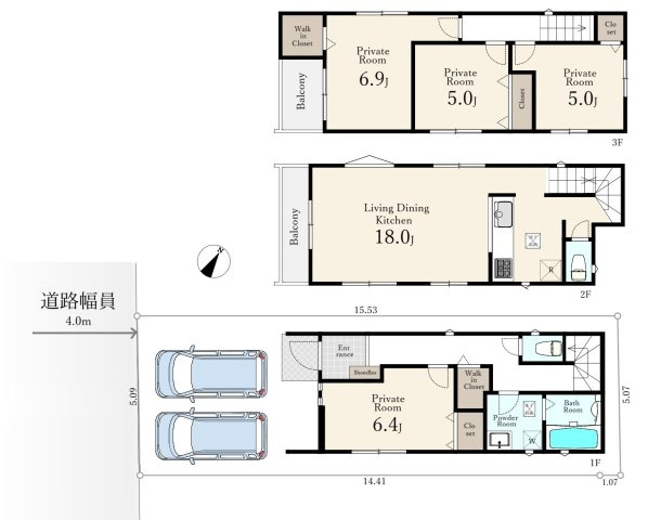 和光市白子2丁目 限定1棟の間取り|土地面積79.04㎡　建物面積102.87㎡　3階建　4LDK　WIC×2　カースペース2台分付