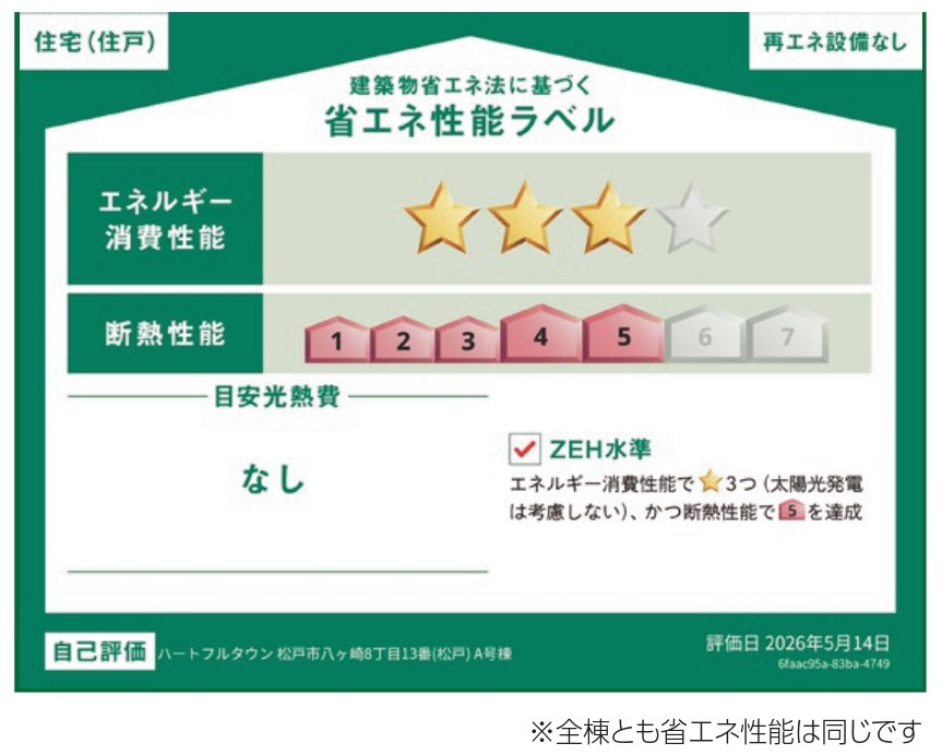 松戸市八ケ崎８丁目新築戸建の省エネ性能ラベル|省エネ性能ラベル・ZEH水準
