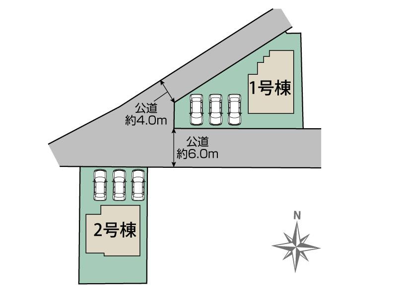 新築　前橋市上新田町　Blooming　Garden　1号棟の区画図|1号棟　区画図　南側接道幅員約6ｍ　北側接道幅員約4ｍ

