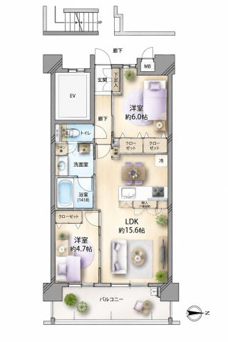 【間取り】 | ファーネスト大橋東レジデンス☆仲介手数料無料☆ | ※本図に表示されている家具・家電・照明・インテリア・観葉植物等は、AIによる配置イメージです。実際には設置されておらず、売買対象にも含まれません。図面と現況が相違する場合は、現況を優先いたします。