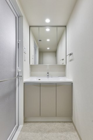 プラウドフラット日本橋馬喰町の独立洗面台|独立洗面台、小物を置くことができて便利です
