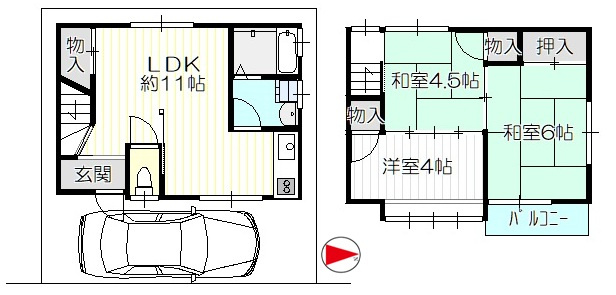 ◆前道広々６ｍ◆駐車場有り◆収納スペース充実の３LDK◆伏見区淀樋爪町の間取り