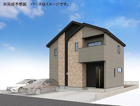 土浦市天川7期　新築戸建　3号棟の外観パース|モノトーンの配色が映える、スタイリッシュな外観デザイン。完成後は明るく開放的な印象の街並みが広がります。