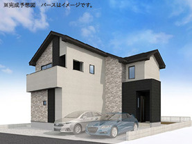 土浦市天川7期　新築戸建　2号棟の外観パース|完成予想パースです。落ち着いたカラーリングとバランスの取れたフォルムが魅力。洗練されたデザインが際立ちます。