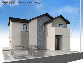 土浦市天川7期　新築戸建　1号棟の外観パース|落ち着いた色合いと直線的なフォルムが特徴のデザイン住宅。シンプルながらも高級感のある外観です♪