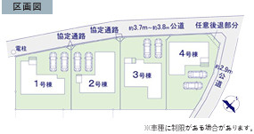 土浦市天川7期　新築戸建　1号棟の区画図|ゆとりある敷地設計。駐車スペースや庭もバランスよく配置されています。