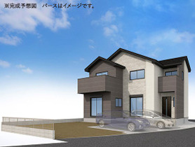 土浦市天川7期　新築戸建　4号棟の外観パース|落ち着いた色合いと直線的なフォルムが特徴のデザイン住宅。シンプルながらも高級感のある外観です♪