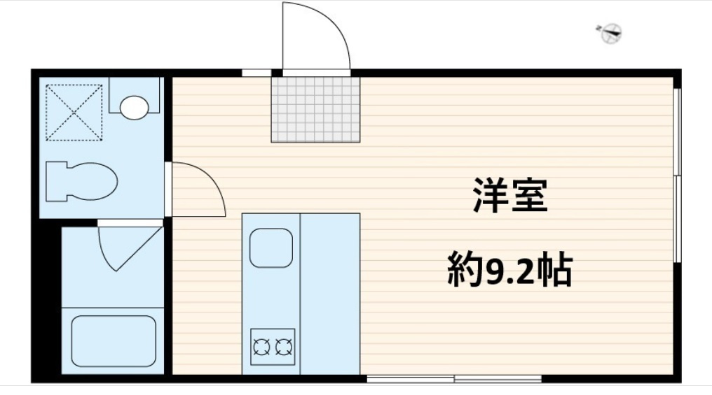 triasトリアス541の間取り|洋室9.2帖カウンターキッチンの1R南西角部屋2面採光バストイレ別独立洗面台！