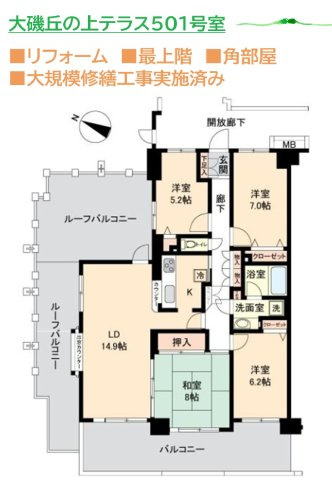 【間取り】 | 広々ルーフバルコニーは、ほっと一息つくプライベート空間にも◎　　　
徒歩2～3分ほどにスーパー・コンビニがあり、便利な立地♪