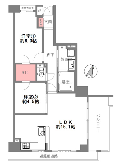 【間取り】 | サンヴェール鶴見緑地 | 最上階！【全洋室2LDK】室内、水廻り設備一新！全面リフォーム済み☆安心の新調設備保証付き☆エアコン1台付き☆（洋室2）食洗機・浴室乾燥機完備☆レースカーテン付き☆