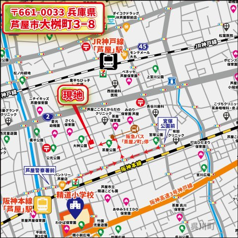 【地図】 | 大桝町　建築条件無し売土地♪ | 【現地案内拡大地図】
〒659-0066
大兵庫県芦屋市大桝町３-８付近