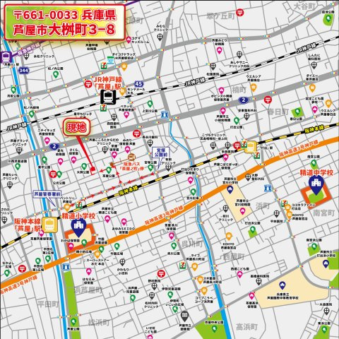 【地図】 | 大桝町　建築条件無し売土地♪ | 【現地案内地図】
〒659-0066
大兵庫県芦屋市大桝町３-８付近