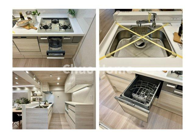 アルカディア錦糸町のキッチン|【システムキッチン】ワイドで収納豊富な使い勝手の良いカウンターキッチンには、食洗器・伸縮タイプのキッチン水栓、三ツ口コンロ・魚焼きグリルなどの便利な設備が標準完備されています。