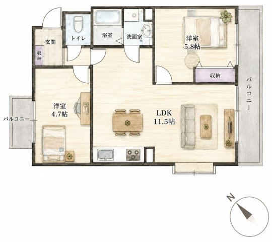 ライオンズマンション宮崎台第5の間取り|2LDK、価格2799万円、専有面積51.49m2、バルコニー面積7.74m2 【LDK　11.5帖】 【洋室　5.8帖・4.7帖】   