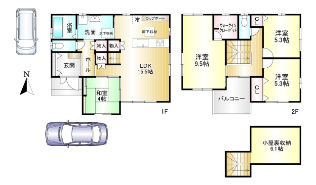 香芝市磯壁5丁目 全5区画 5号地の間取り|4LDK　土地面積：130.1ｍ2　建物面積：102.85ｍ2　駐車2台可