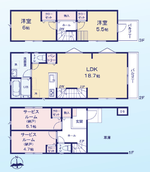 板橋区高島平8丁目　駅近×省エネ　車庫付き住宅　限定1棟の間取り|2LDK+2S　土地面積70.02m2　建物面積114.88m2