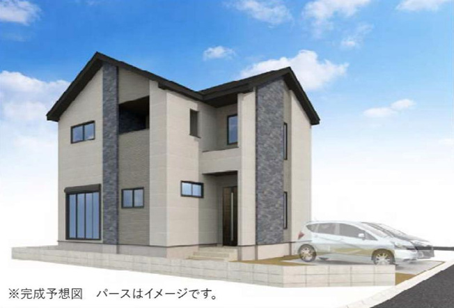 【外観パース】 | 龍ケ崎市平台7期　新築戸建　2号棟 | 小中学校まで、それぞれ徒歩15分圏内！公園も近く子育て環境良好です(^^)/
（2号棟）