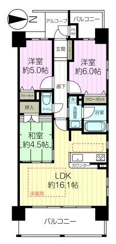 ワコーレ西宮けやき通りの間取り|3LDK、専有面積67.71㎡、バルコニー面積14.28㎡