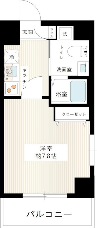 HY's diletto(ハイズディレットの間取り|最上階角部屋！南向きバルコニー南東角部屋の1K洋室7.8帖バストイレ別独立洗面台！