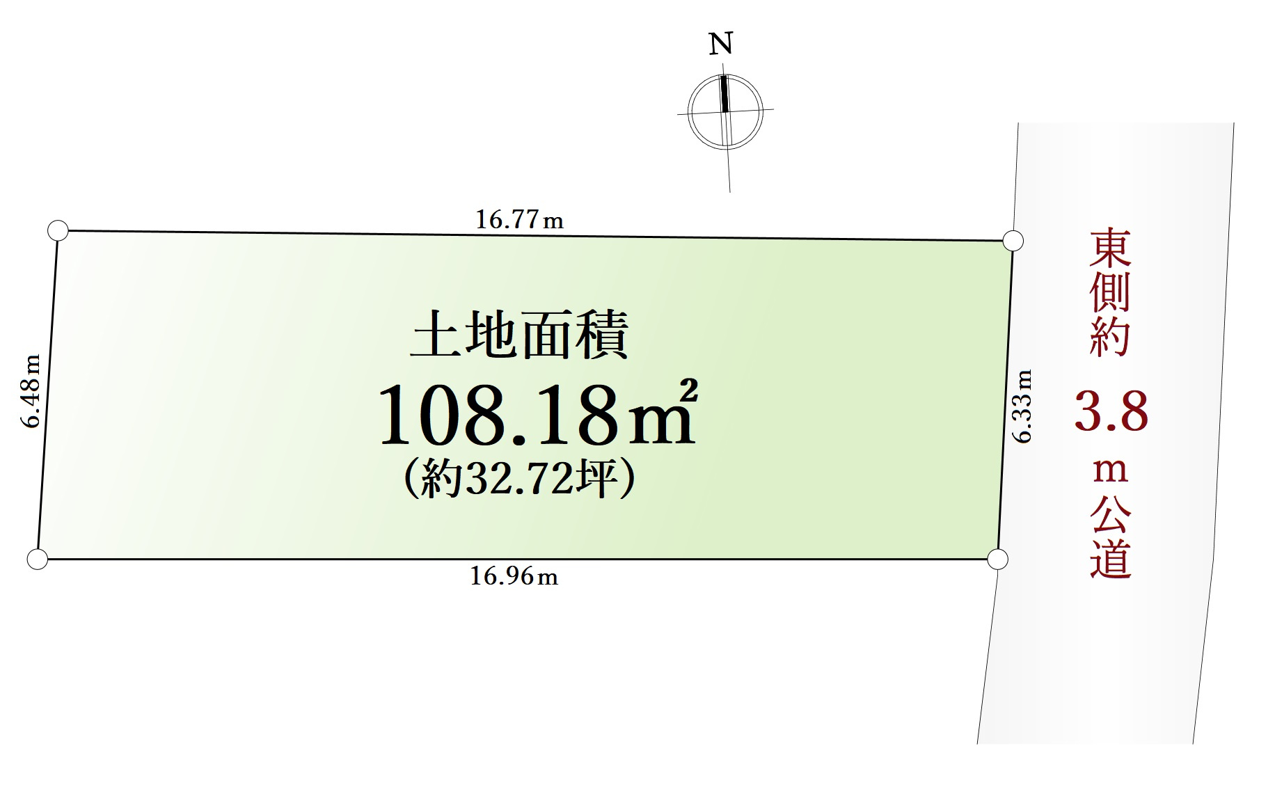 練馬区上石神井1丁目 限定1区画の土地図|土地面積108.18㎡　整形地
建築条件なし売地　限定1区画
ゆとりある敷地は様々なプランに対応可能です