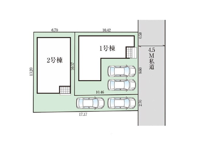 【区画図】 | 新座市野火止3丁目　新築一戸建住宅　全2棟　(丸井志木店) | 奥行きある敷地形状を活かし、カースペースは2台分を確保。前面道路から住まいまでのアプローチが独立しており、落ち着いた住環境を確保しながら、複数台の車を所有するご家庭にも嬉しい区画です。