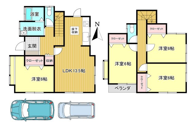 香芝市北今市1丁目の間取り|4LDK　土地面積:103.09ｍ2　建物面積：93.79ｍ2　駐車2台可能(車種による)