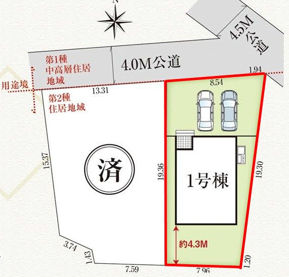 郡山市台新１丁目　　　１号棟　　　開成小学校、郡山第１中学区の区画図