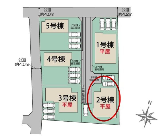ブルーミングガーデン前橋市女屋町　２号棟（平屋）の区画図|駐車場３台以上ご用意しています！来客時も重宝します♪
並列駐車なので、車の出し入れもしやすいですよ！