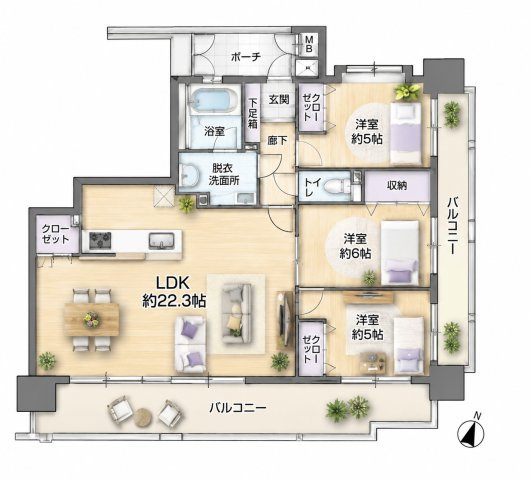 【間取り】 | シティライフ山王公園南☆仲介手数料無料☆ | ※本図に表示されている家具・家電・照明・インテリア・観葉植物等は、AIによる配置イメージです。実際には設置されておらず、売買対象にも含まれません。図面と現況が相違する場合は、現況を優先いたします。