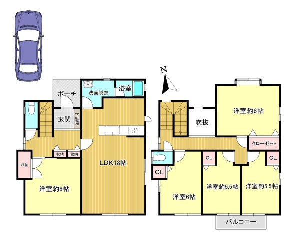 香芝市西真美1丁目の間取り|5LDK　土地面積:215.66ｍ2　建物面積：123.87ｍ2　駐車2台可能(車種による)
