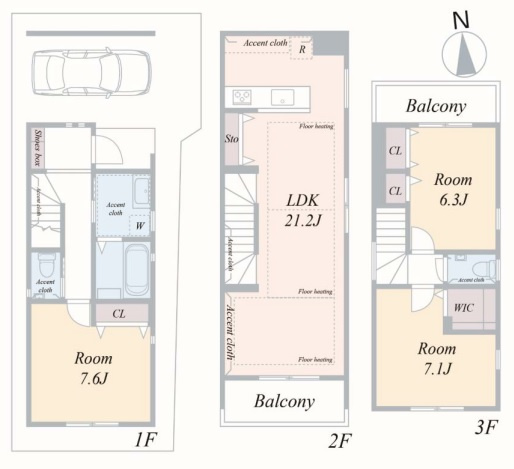 杉並区南荻窪3丁目 全2棟 A号棟の間取り|土地面積67.67㎡　建物面積113.10㎡(車庫面積9.90㎡含む)
3階建　3LDK　WIC　2面バルコニー　ビルトインガレージ付
全室6.0帖以上　LDK21.2帖