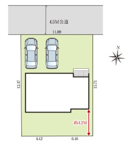 「全居室南向き」高知市瀬戸東町1丁目7期1棟　新築一戸建ての区画図|前面道路4.5ｍに接した平坦な敷地で、車の出し入れや人通りの視界も良く、安全で快適な住環境です。