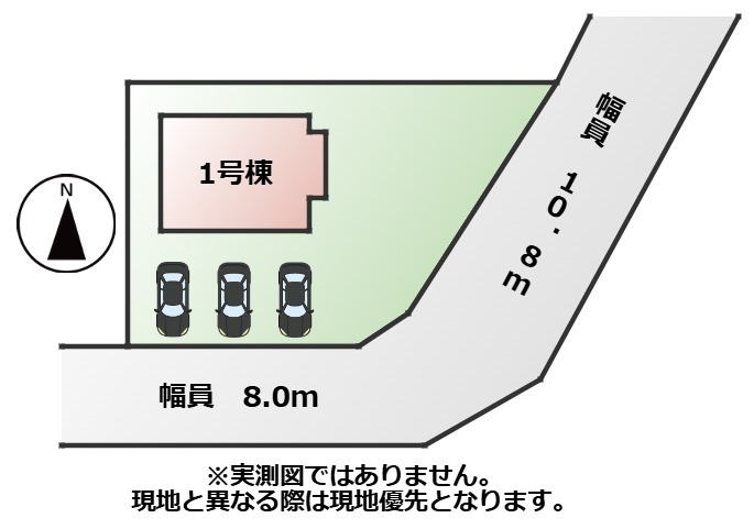 壬生町六美町モデルの区画図|敷地面積：264.46㎡　接道：南側8.0ｍ、南東側10.8ｍ角地