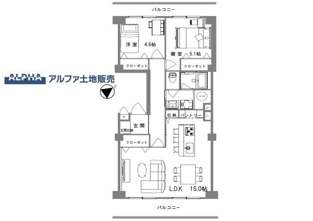 プライムむさしの台の間取り|約15帖のLDKを中心に、4.6帖と5.1帖の洋室を配置した2LDK。各居室のクローゼットに加え、玄関収納やパントリーも備えています。両面バルコニーで風通しにも配慮された間取りです。