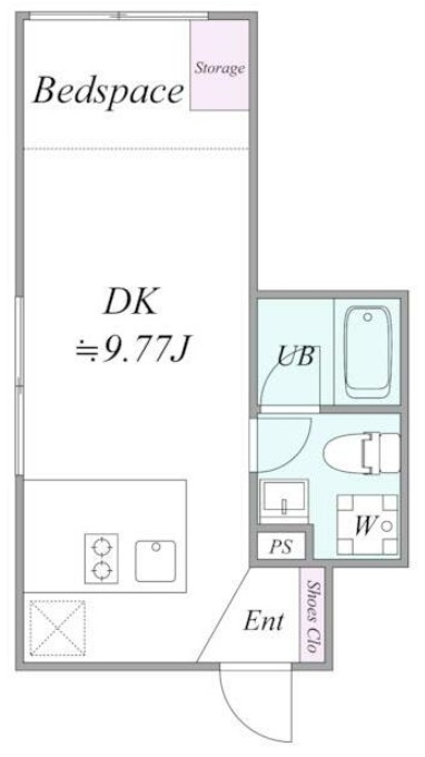 Trias381の間取り|北向き北西角部屋2面採光の1R9.77帖
カウンターキッチンバストイレ別独立洗面台！
