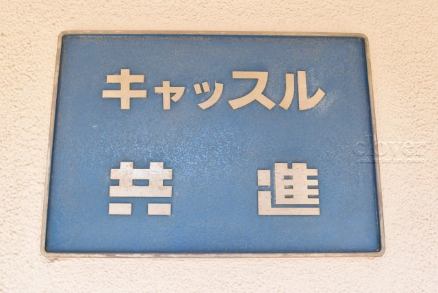 【現況写真】 | キャッスル共進マンション | エントランスに掲げられた、マンション名を示す館銘板。さほど激しく主張はしませんが、しっかりと掲示されています。～即日のご見学可能～　お問合せはお気軽にどうぞ。
